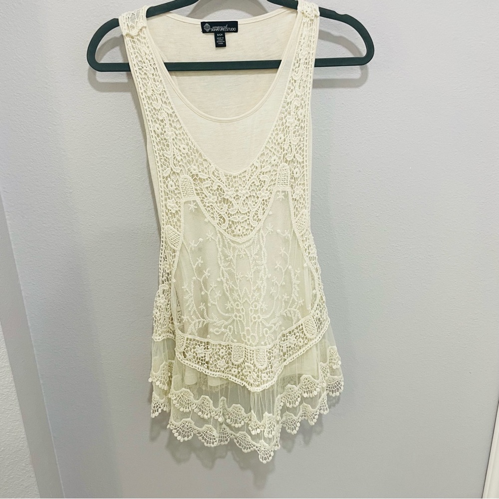 Signature Studio Cream Lace Asymmetrical Boho Tank Top Womens Size S